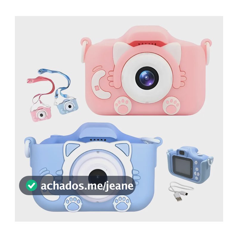 Câmera Digital Infantil Gatinho Fotos Vídeos Hd Jogos Alça Azul