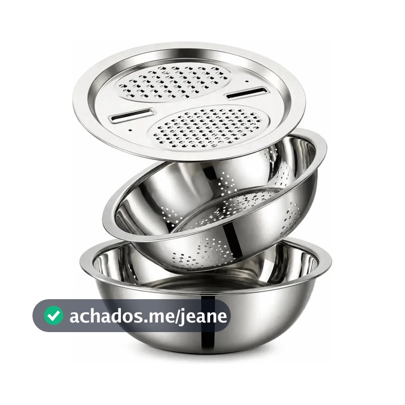 Kit Tigela Inox 6 em 1 com Escorredor e Ralador Cortador Bowl Multifuncional Macarrão Alimentos