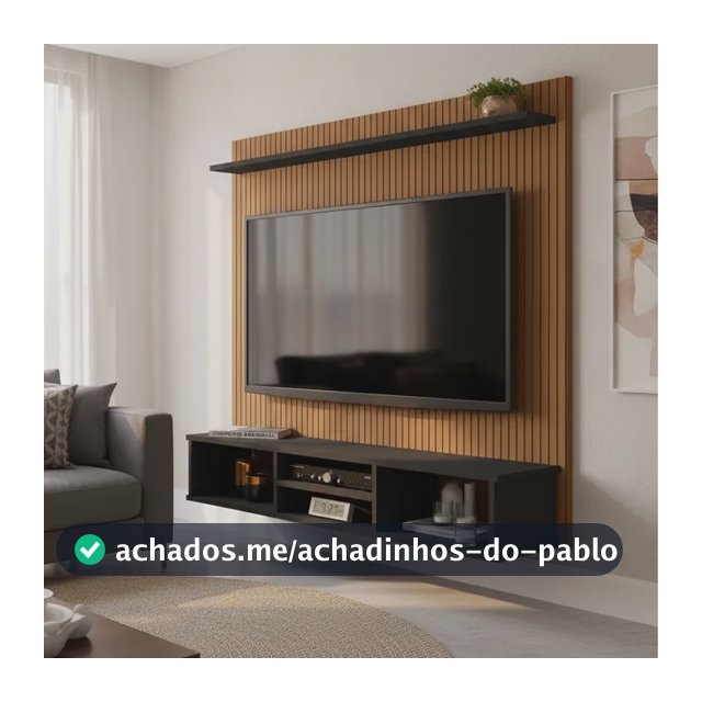 Painel TV Ripado Preto 3D com Nichos e Prateleira 50 Polegadas