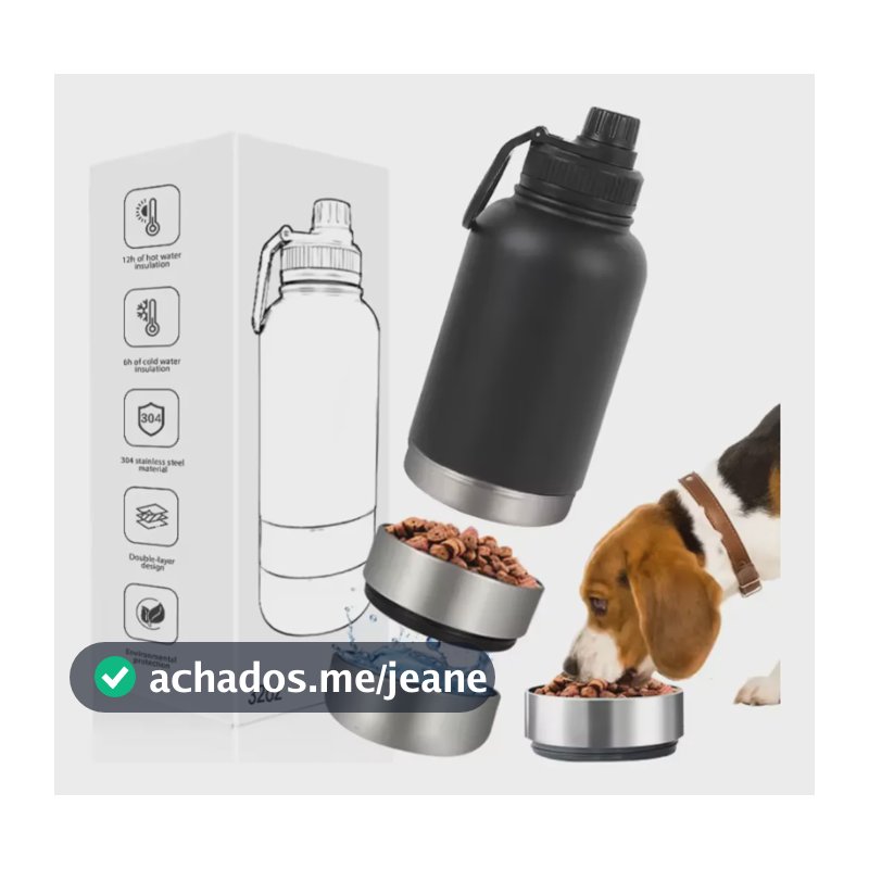 Garrafa Pet Passeio 3 Em 1 Térmica Comedouro Bebedouro Inox Preto