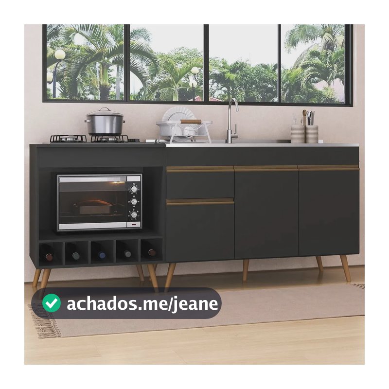 Kit Balcão De Cozinha Para Pia E Balcão Para Cooktop/forno 190cm Veneza Multimóveis Mp2384 Preto/dourado