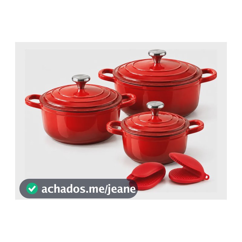 Jogo 3 Caçarolas Indução Forno Cerâmica Antiaderente Vermelho