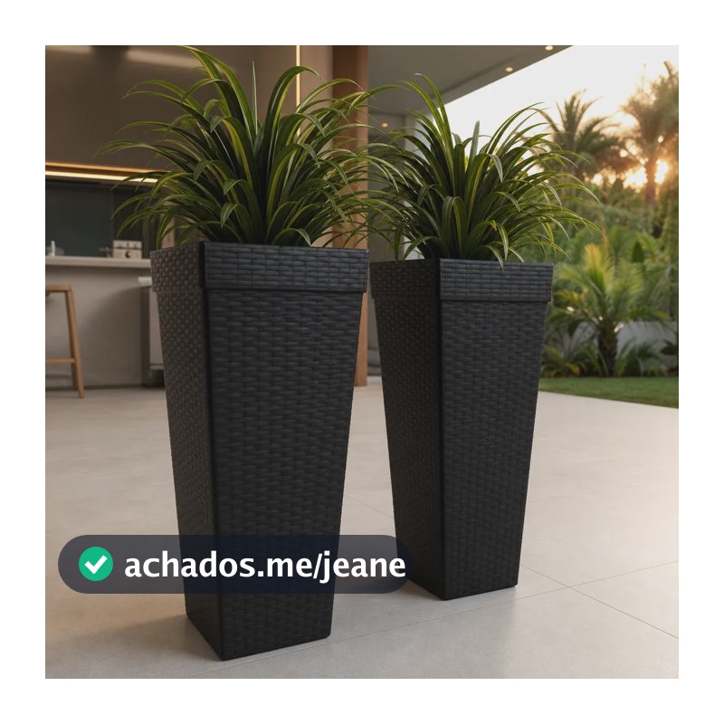 Kit 2 Vasos 17 Litros Coluna Rattan Reforçado Para Plantas Preto