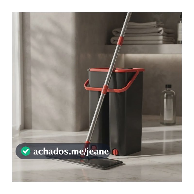 Flat Mop Rodo Limpeza Lava Seca Com Balde E Refil Mobi Moop Preto Com Detalhes Em Vermelho