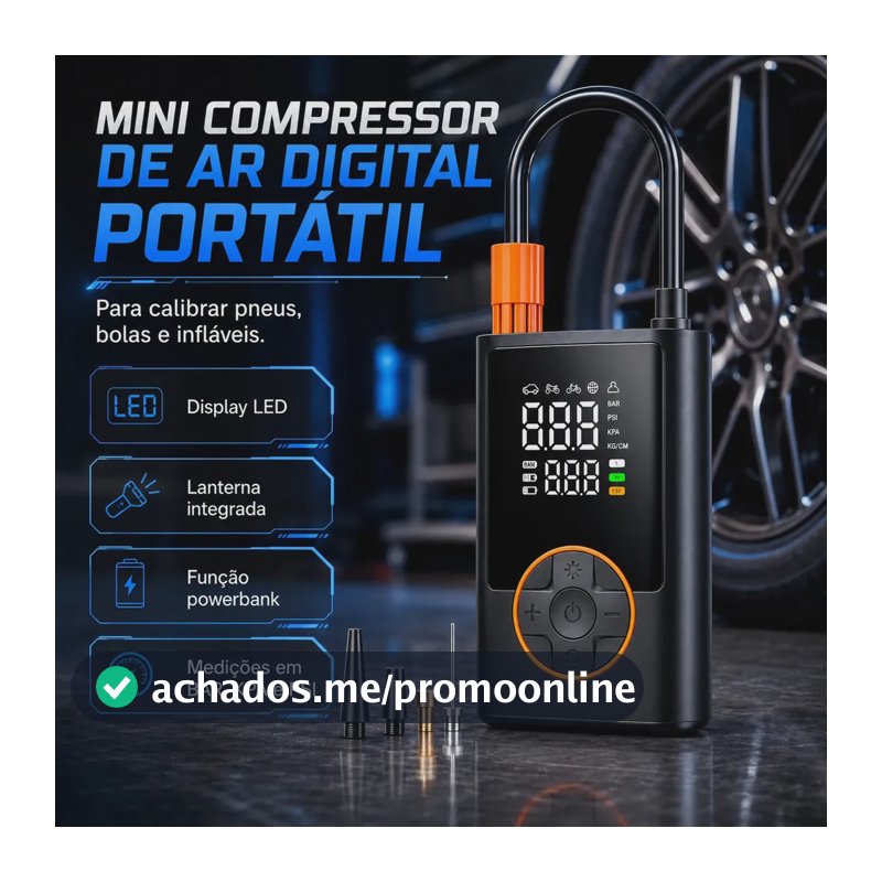 Compressor De Ar Digital Calibrador De Pneu Digital Para Moto E Carro Portátil Bivolt Com Powerbank