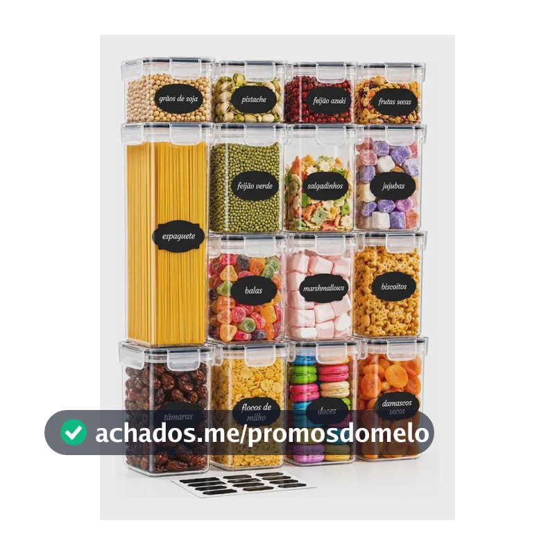 Kit 15 Potes Herméticos Empilháveis Quadrados para Mantimentos e Organização da Cozinha com Tampa e Vedação de Silicone Branco Shokki