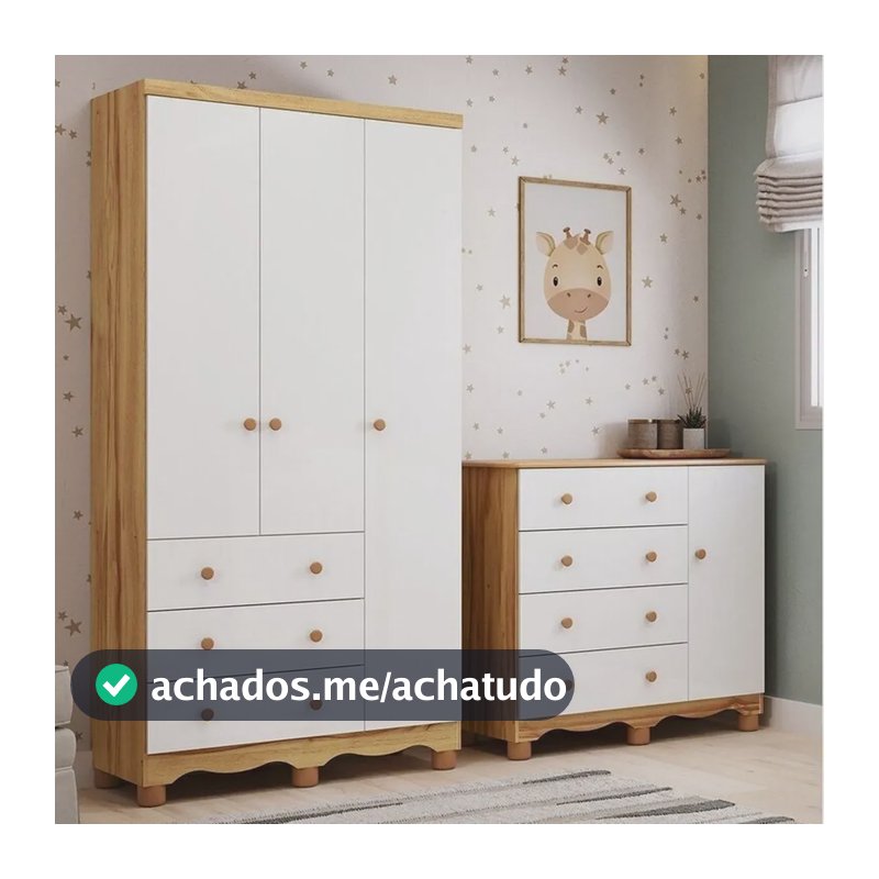 Quarto Infantil Com Guarda-roupa 3 Portas E Cômoda 1 Porta Branco Brilho/amêndoa