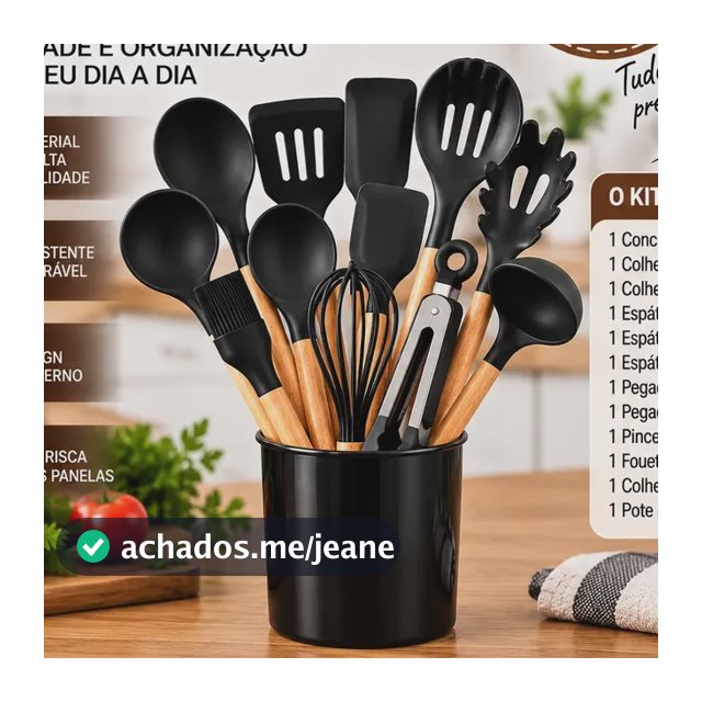 Kit Cozinha De Silicone 12 Peças Cabo De Madeira Preto