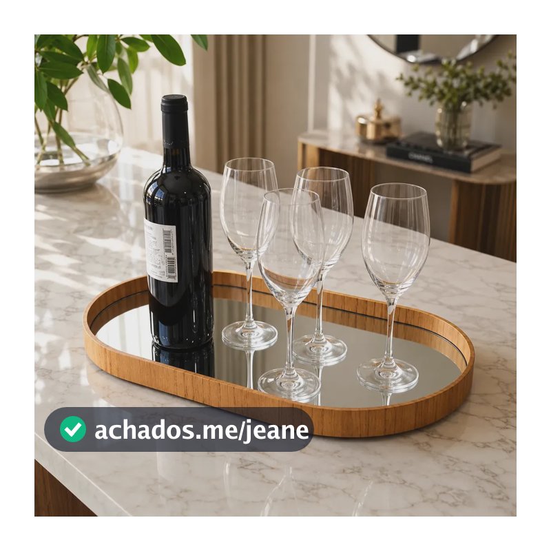Bandeja Espelhada Decorativa Madeira Laminada Grande Oval Luxo Bar Lavabo Mesa Aparado Café 50x30cm - BRILLARE