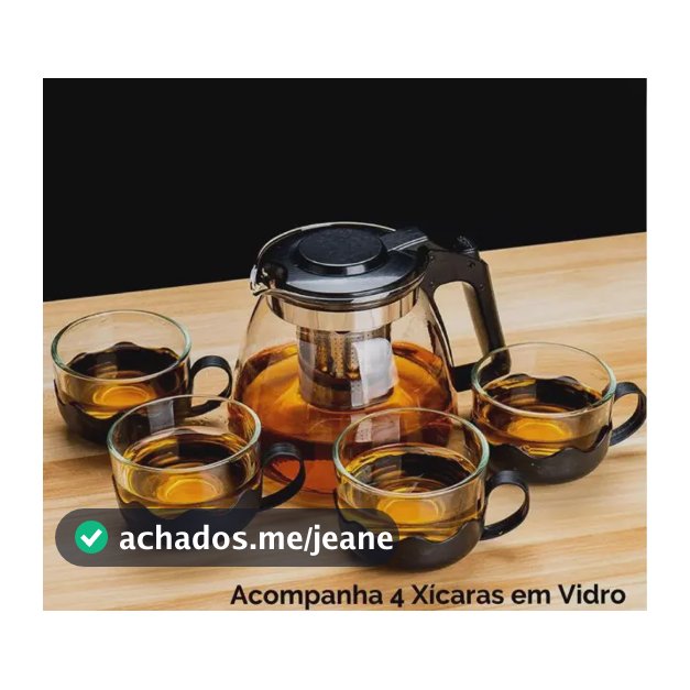 Kit Jogo Conjunto Chaleira Bule Infusor Chá 1l E 4 Xícaras Vidro Com Preto