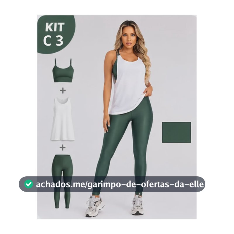 Kit 3 Peça Fitness Roupa Academia Legging + Cropped + Regata Verde Militar G
