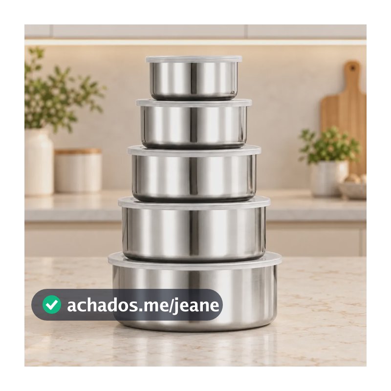 Conjunto 5 Potes Inox Organizador Cozinha Geladeira Hermétic Prateado