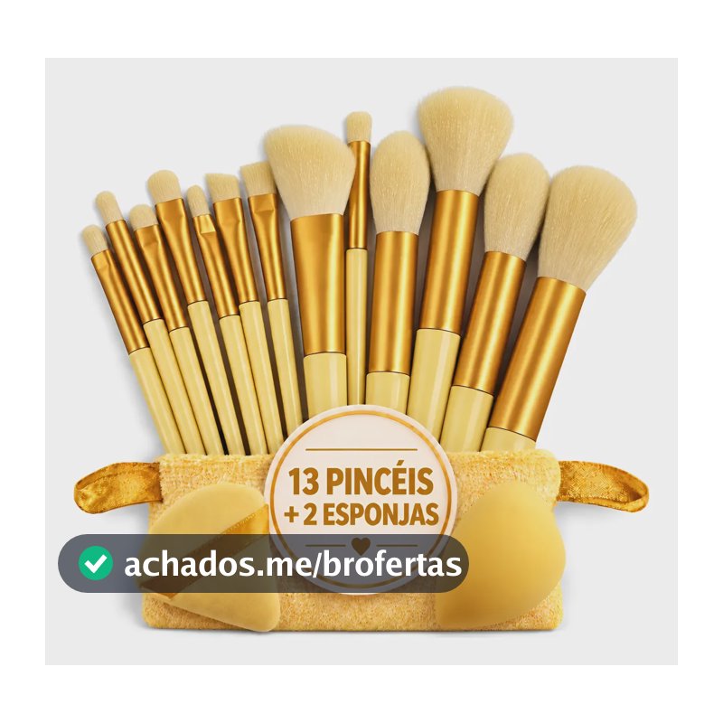 Kit Pincéis De Maquiagem 15 Peças: 13 Pincéis + 2 Esponjas Amarelo