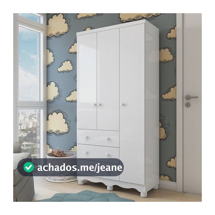 Guarda Roupa De Bebê 3 Portas 3 Gavetas Junior Gb Branco Brilho