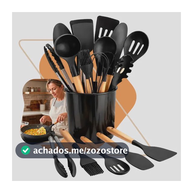 Kit 12 Utensílios Cozinha Silicone Cabo Madeira Escumadeiras Preto