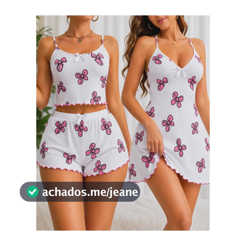 Kit C/2 Conjuntos Camisola + Baby Doll Lingerie Sexy Luxo Laço Estampado M