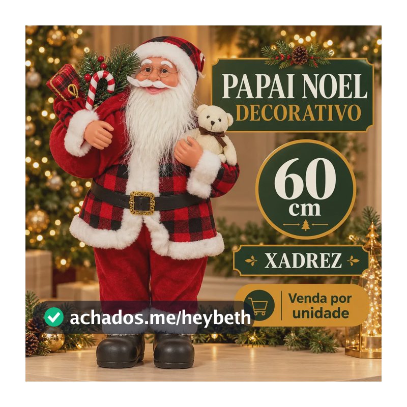 Papai Noel Decorativo 60cm Xadrez Enfeite Decoração de Natal Árvore de Natal Tecido Pelúcia Luxo Grande LuvinCo