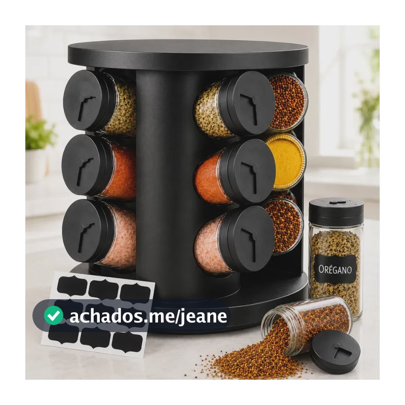 Porta Temperos Condimentos 9 Unidades Potes Vidro Base Giratória Preto Organizador Cozinha Dosador Sólar