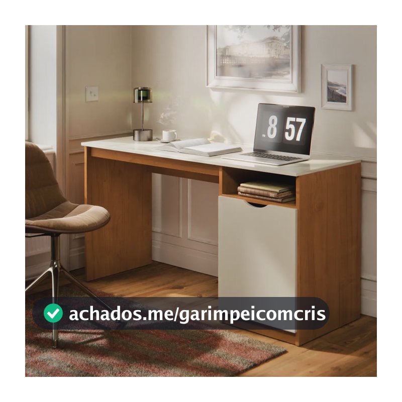 Escrivaninha Para Computador 115cm Com Porta E Nicho Mesa Home Office Escritório Quarto Estudo Notebook Moderna Canela Off White