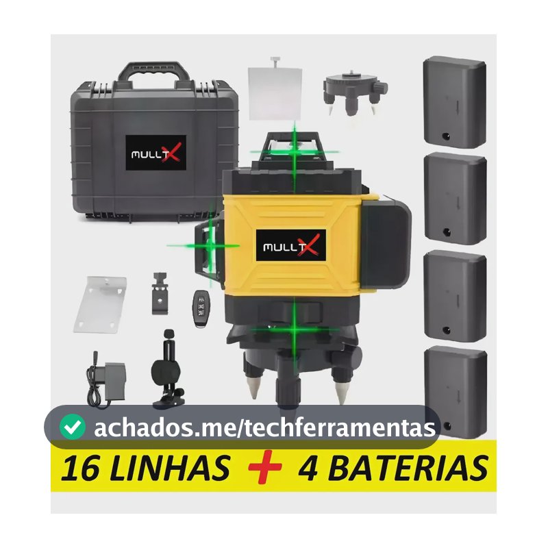 Nível Laser 4D MULLTX 16 Linhas Verde Recarregável 30m com Maleta e 4 Baterias