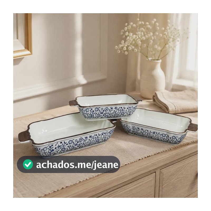 Cj.3 Travessas Refratárias Cerâmica Floral Azul Azul