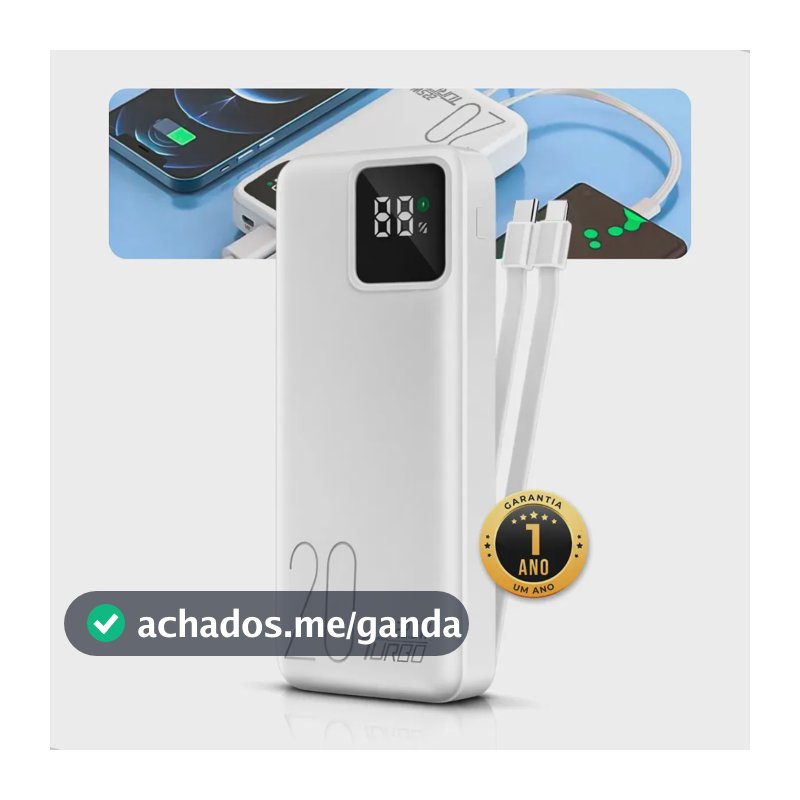 Carregador Portátil Power Bank 20.000mah Turbo Celular Carga Rápida 22.5w Premium Display Visor Grande Universal Usb-c Viagens Festa Para los E Android iPhone Samsung Motorola Xiaomi Branco Nixzen