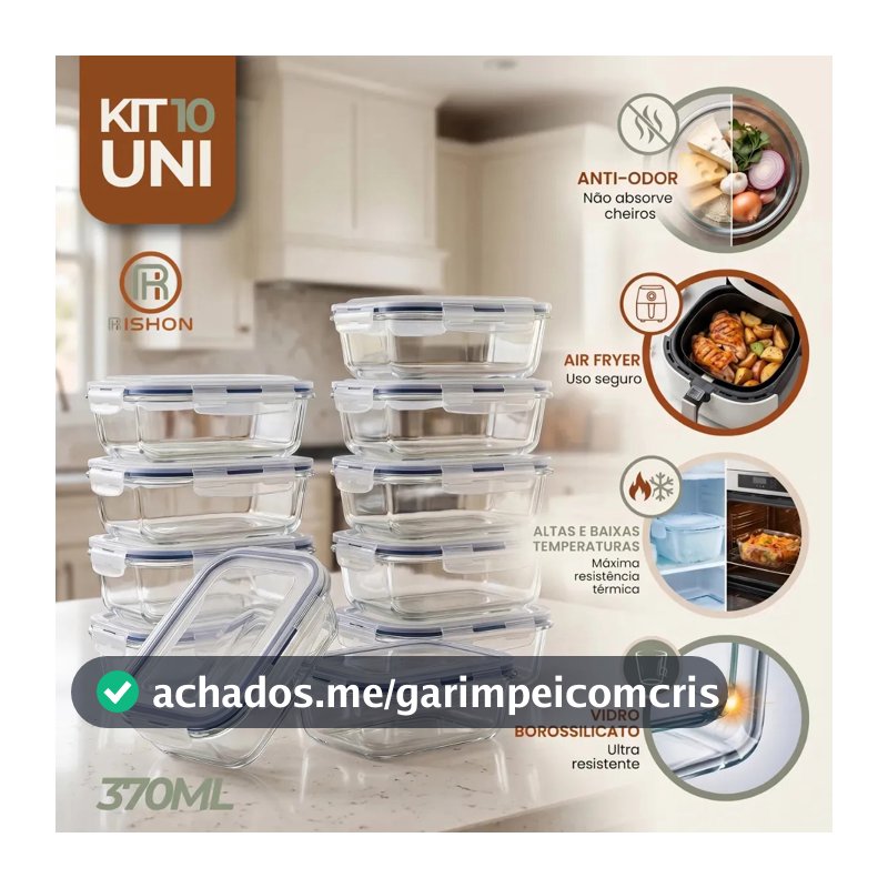 Kit 10 Pote De Vidro Marmita Hermético 370ml Freezer Fitness Rishon