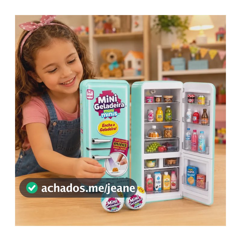 MINI GELADEIRA + 2 CÁPSULAS BOLA SURPRESA MINI BRANDS QUE FAZ PUDIM