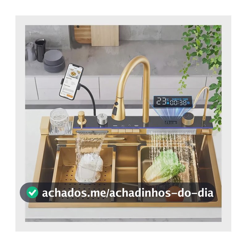 Cuba Winda 75x45x23cm Dourada Inox 304 Com Torneira Led Cascata Suporte Celular E Torneira Filtro