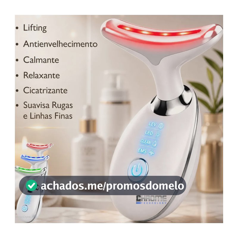 Massageador Facial LED Chrome Technology Para Pescoço e Rosto Com Vibração