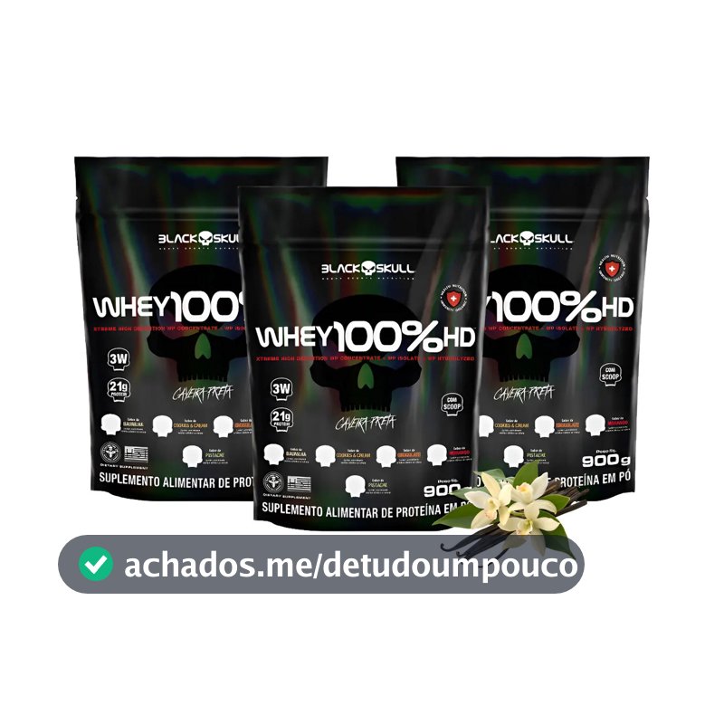 Whey Protein 100% Hd Kit 3 Unidades Suplemento Black Skull Sabor Baunilha