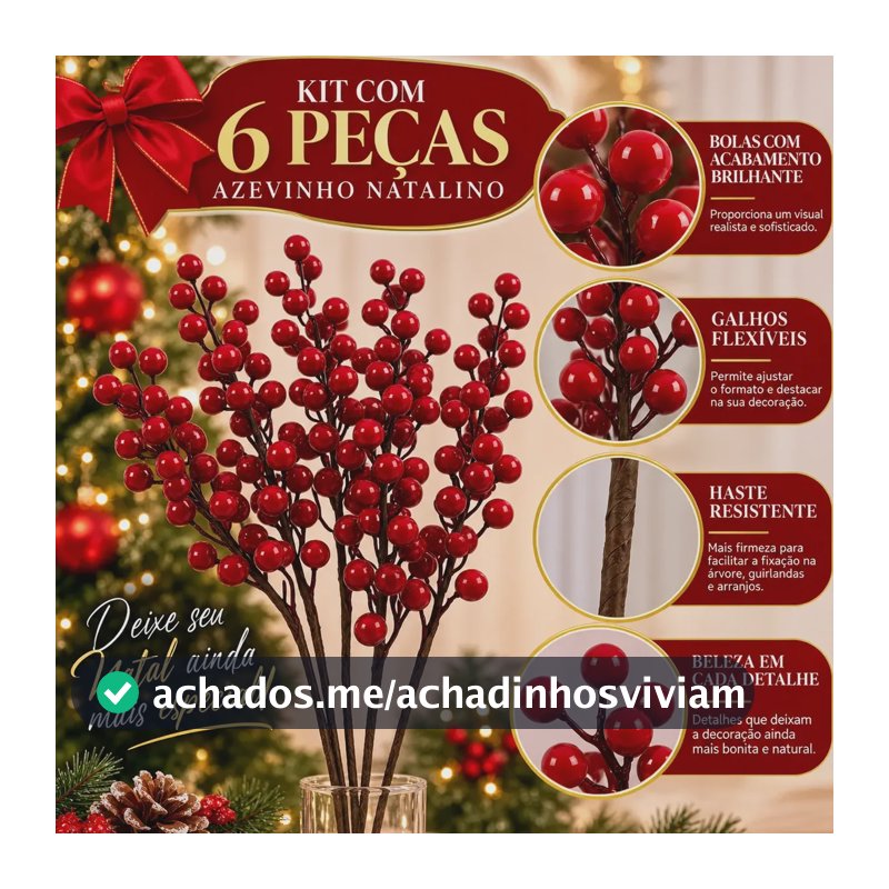 Kit 6 Pick Azevinho Galho Cereja Palito Natalino Enfeite Decoração Árvore de Natal Vermelho - CCL Toys
