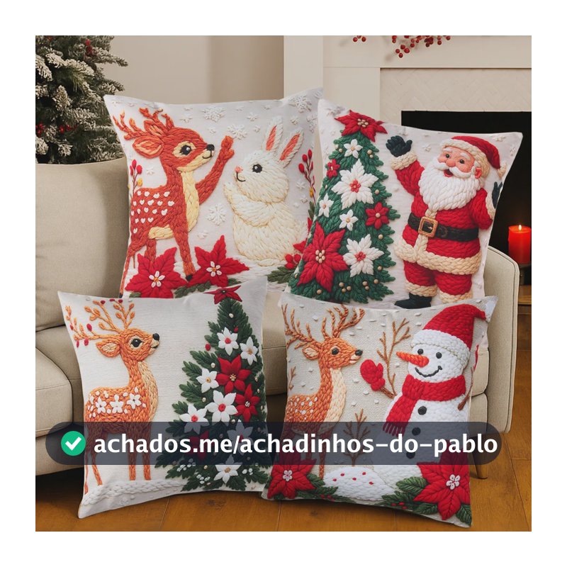 Kit 4 Capas Almofadas Decorativas Natal 45x45cm Papai Noel Palha