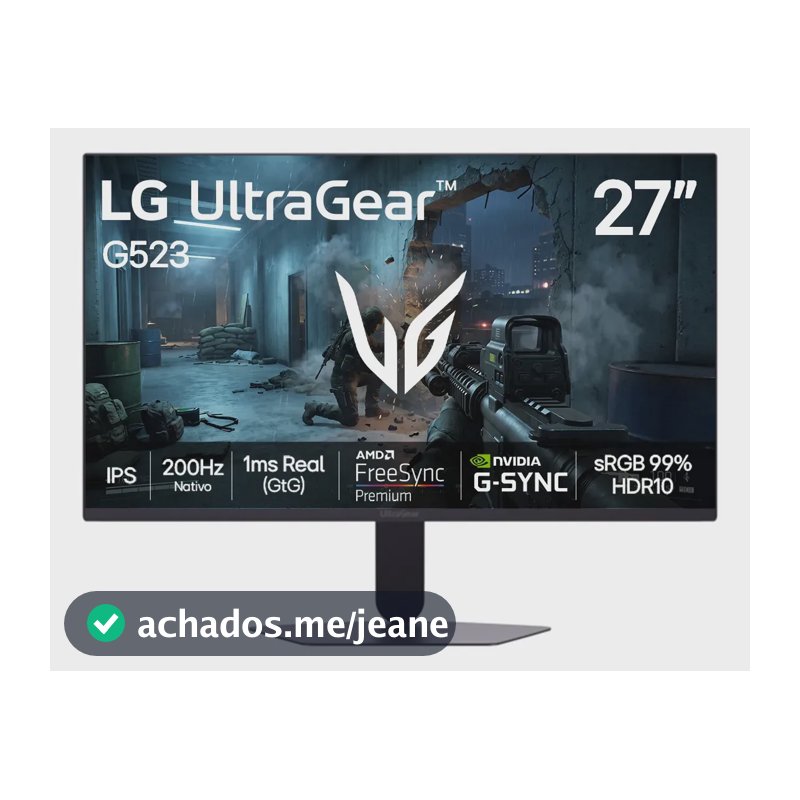 LG UltraGear Monitor Gamer 27" IPS 200Hz, 1ms (GtG), Full HD (1920x1080), HDR10, NVIDIA G-SYNC AMD, FreeSync Premium, sRGB 99%, Preto - 27G523B