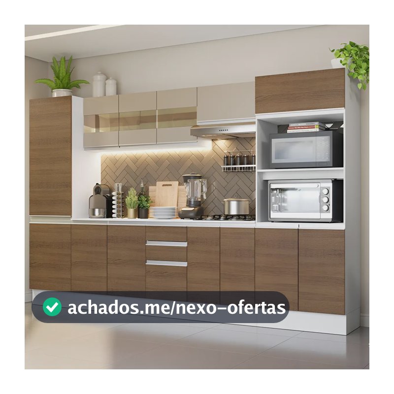 Armário De Cozinha Completa Modulada Madesa Smart 100% Mdf 300 Cm Balcão com Tampo para Cooktop Cor Branco/Rustic/Crema XAGRSM300001A9