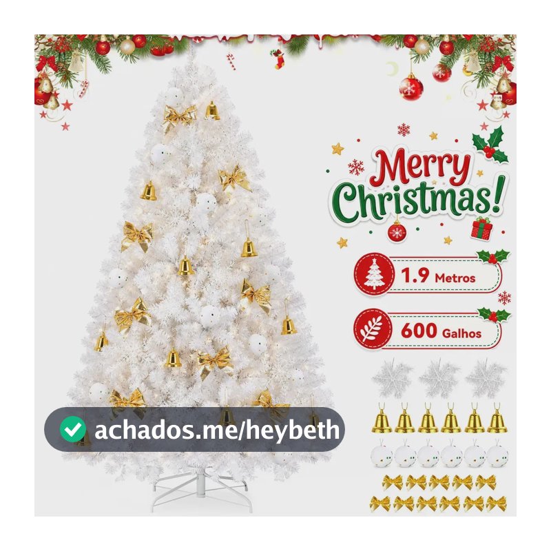 Arvore Natal Grande 190 cm 600 Galhos Vuryz Arvore Natal Decorada Material Hipoalergênico Retardante Chamas Inodoro Arvore Branca Inclui 11 Laços Dourados 3 Flocos Neve 6 Sinos 6 Bolas De Neve Brancas