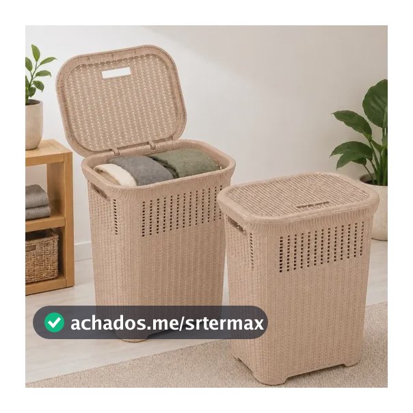 Cesto De Roupa Rattan 50l Com Tampa Basculada Grande Giplast Nude
