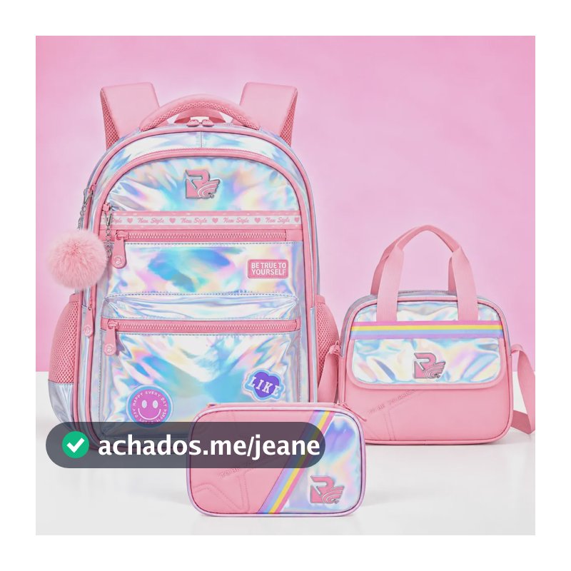 Kit Mochila Escolar Holográfica 3 Peças Lancheira Estojo 8206-rosa Claro Metalizado