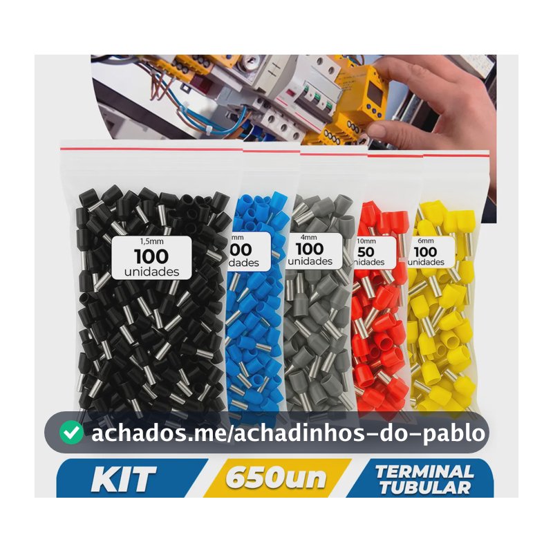 Kit 650 Terminal Tubular Ilhós Pré-isolado 1,5/2,5/4/6/10mm - 650un Conector Elétrico