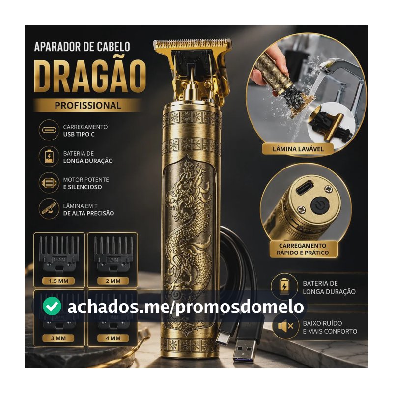 Máquina De Cortar Marca Rave Peak Cabelo Sem Fio Barbeador Eletrico Aparador De Pelos Acabamento Motor Profissional 4 Pentes Recarregavel Usb Tipo C Dourada