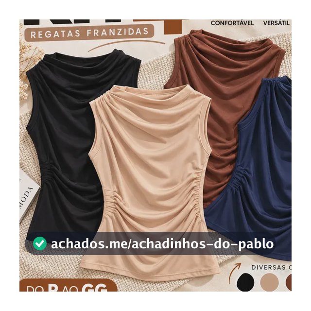 Kit 4 Blusa Feminina Regata Gola Alta Drapeada Plissada Preto, Marrom, Nude E Azul Marinho Liso P/m (36/42)
