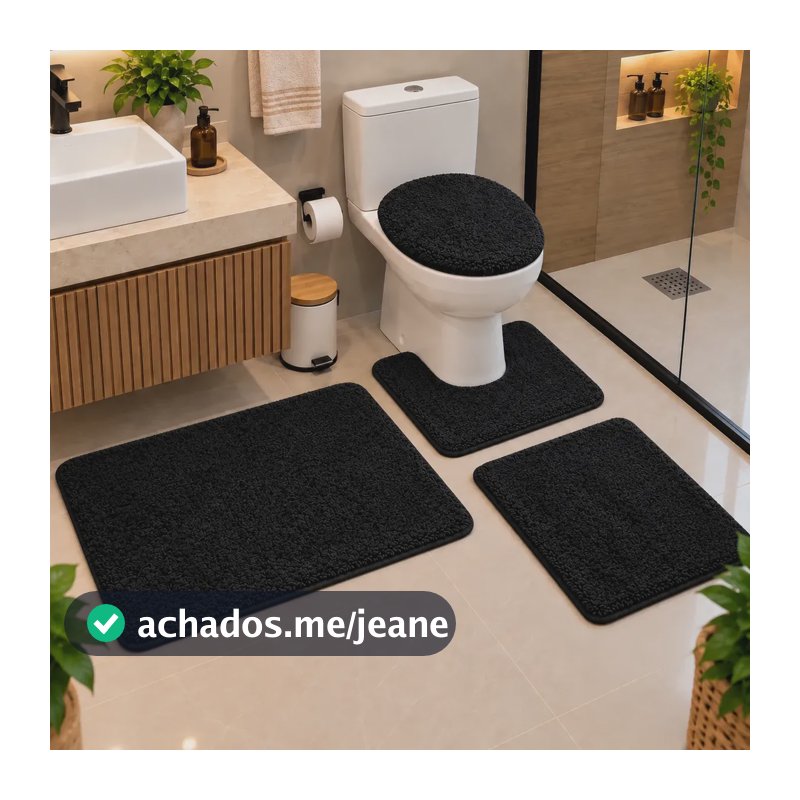 Jogo De Tapete Para Banheiro 4 Peças Antiderrapante Algodão Preto Liso