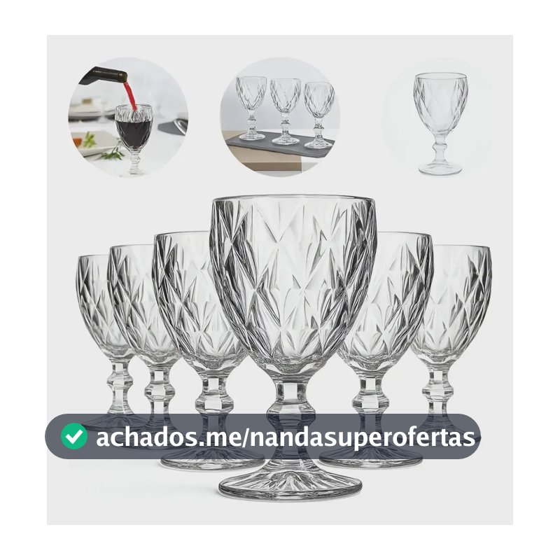 Kit 6un Taça Diamante Lapidada 340ml Para Vinho E Drink Transparente