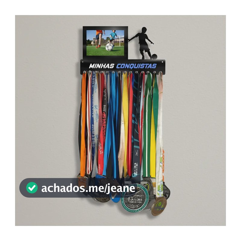 Porta Medalha Futebol Kids Porta Retrato  Até 50 Medalhas Preto