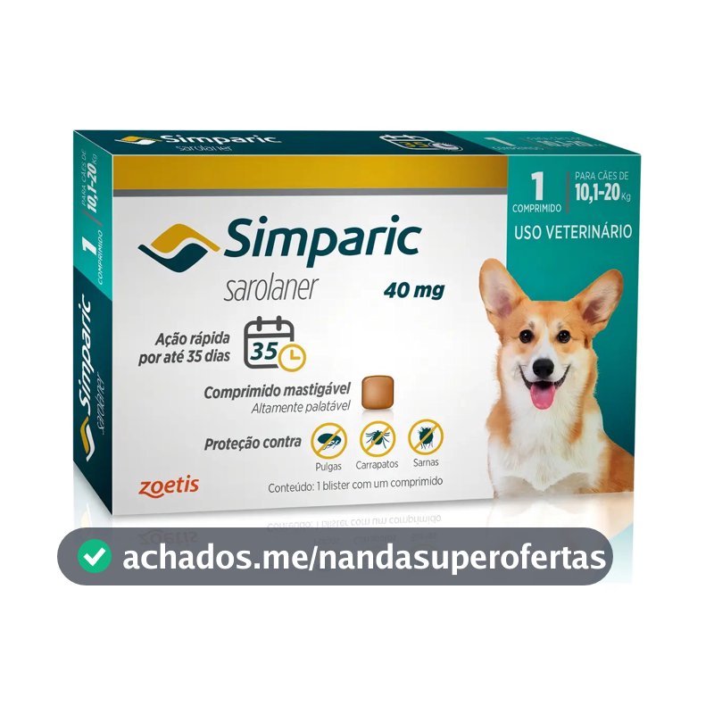 Simparic 1 Comp 40mg Pílula Antiparasitária Contra Pulgas