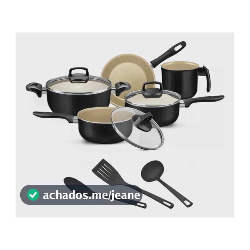 Jogo De Panelas 8 Peças Antiaderente Frigideira Tampa Vidro Preto E Bege