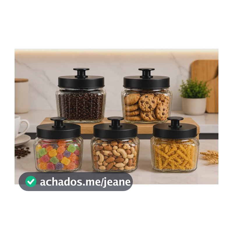 Pote Vidro Hermético Organizador Mantimentos Cozinha Luxo Transparente Com Tampa Preta