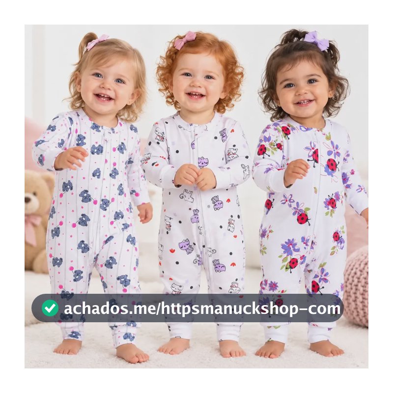 Kit 3 Macacão 100% Algodão Estampado Chá Bebê Troca Facíl Bichinhos Menina Rn