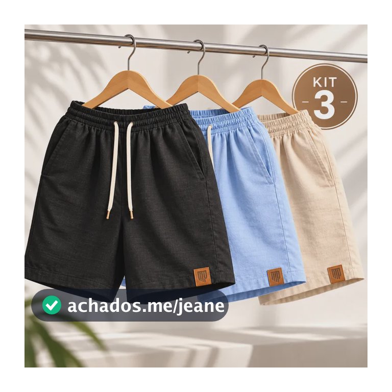 Kit 3 Bermudas Linho Masculina Short Mauricinho Praia Verão Azul/bege/preto Gg