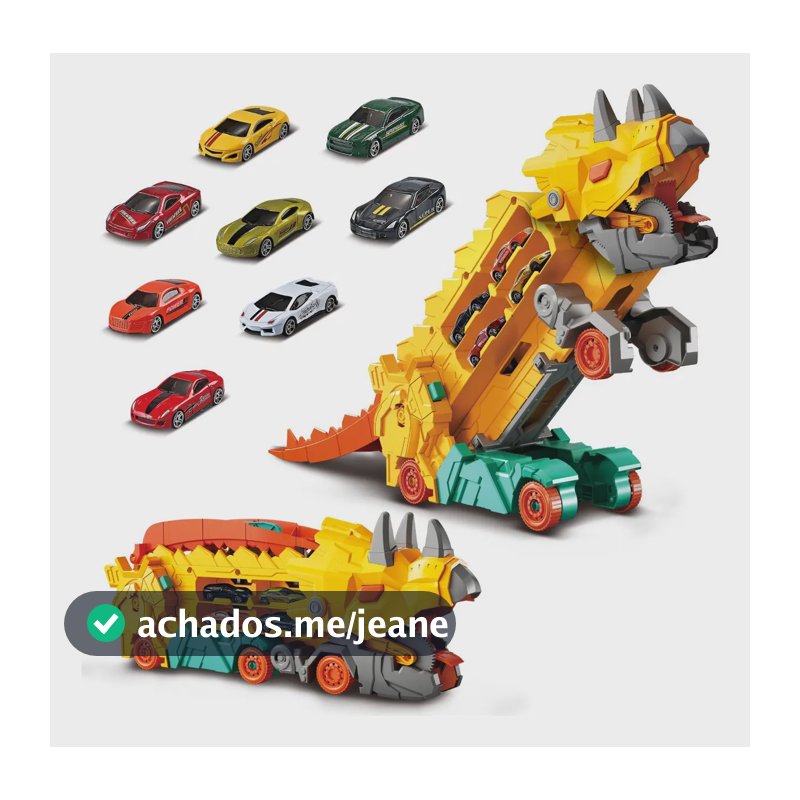 Caminhão Dinossauro Pista Com Carrinhos Maleta Transporte Cor Amarelo